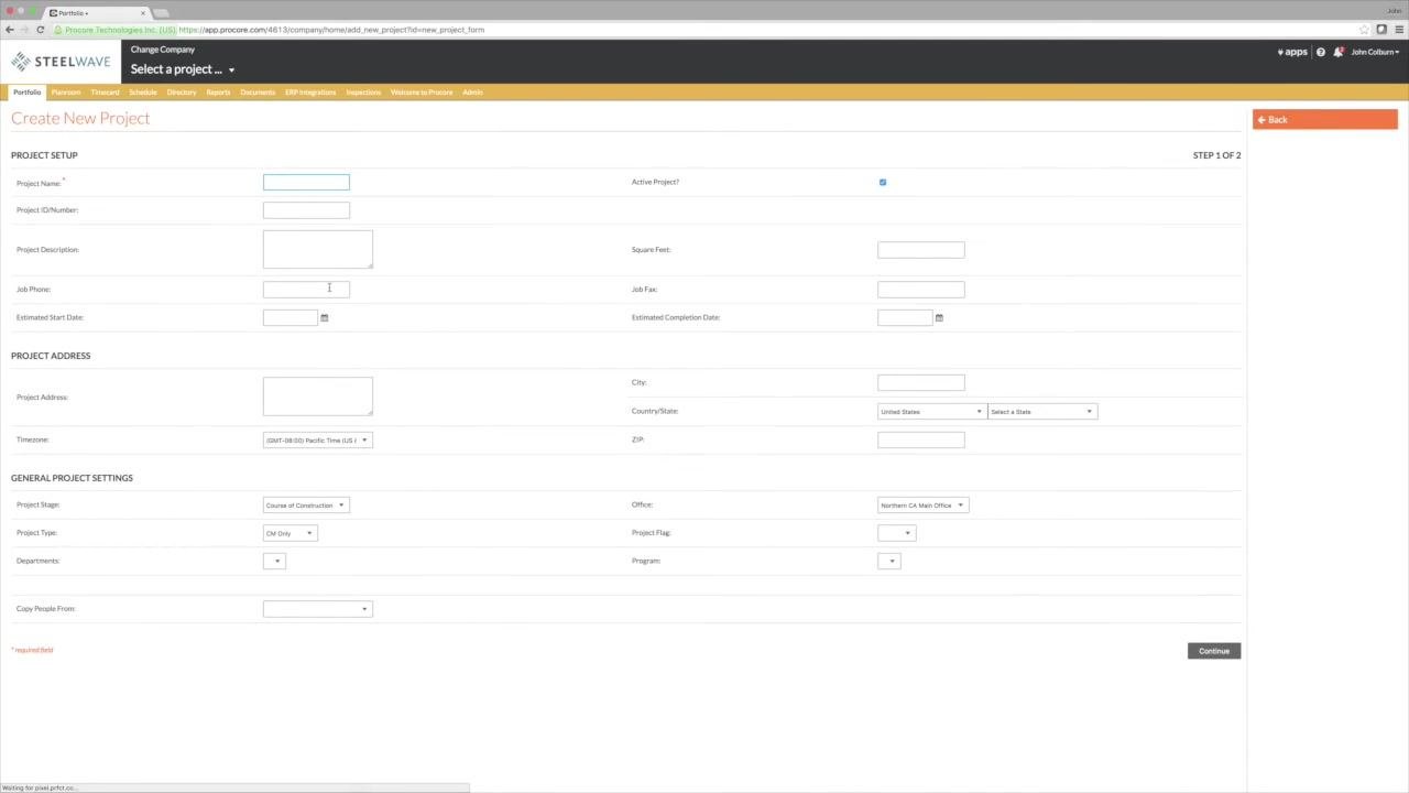 Dialog box titled "Create a new project..." with a dropdown for selecting a project template, and "Continue" and "Cancel" buttons visible over the Portfolio List.