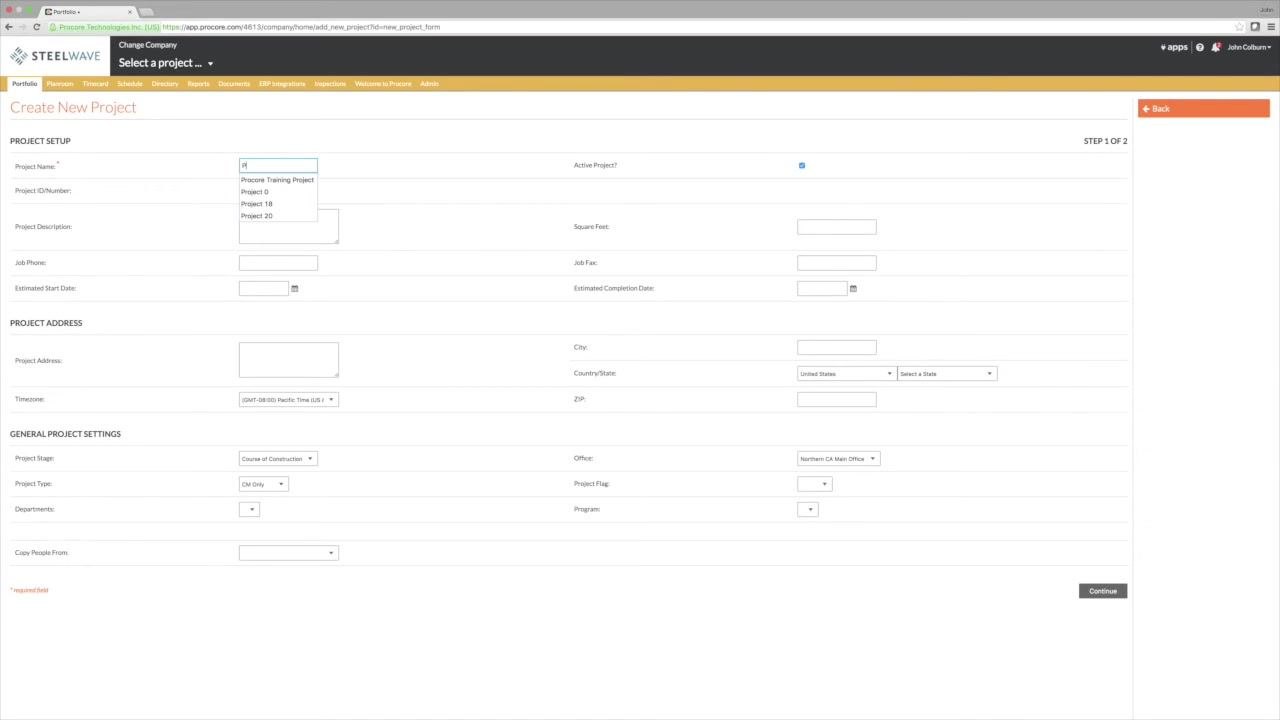 Create New Project form with the Project Name field highlighted and a dropdown showing suggested names such as "Procore Training Project," "Project 18," and "Project 20." The "Active Project?" checkbox is checked.