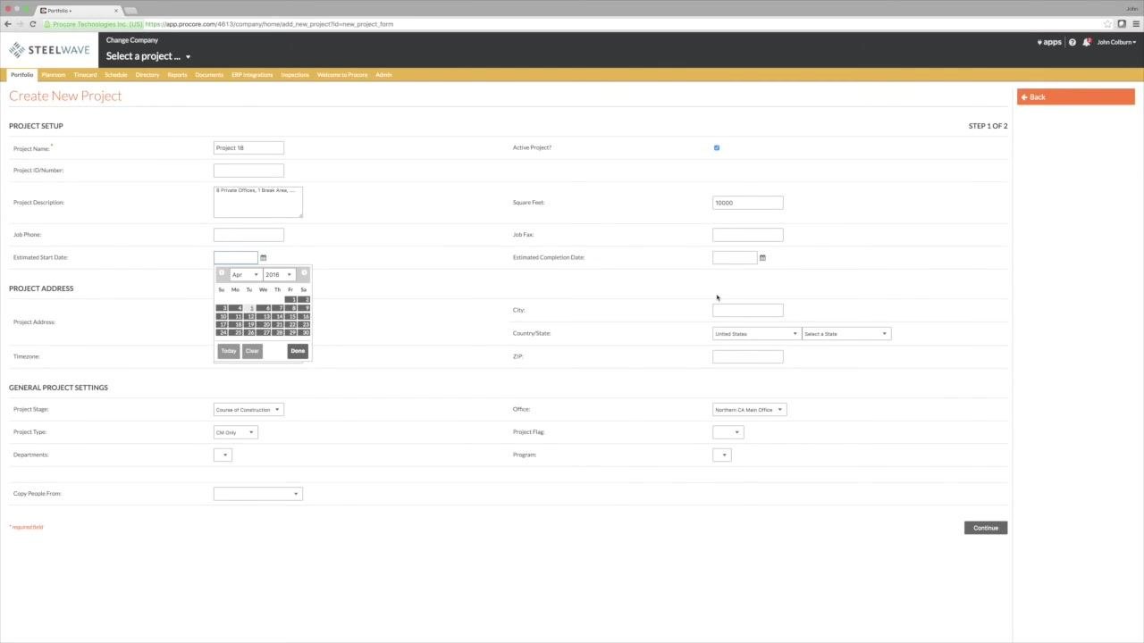 Project Description field filled with example text: "3 Private Offices, 1 Break Area, ..."
