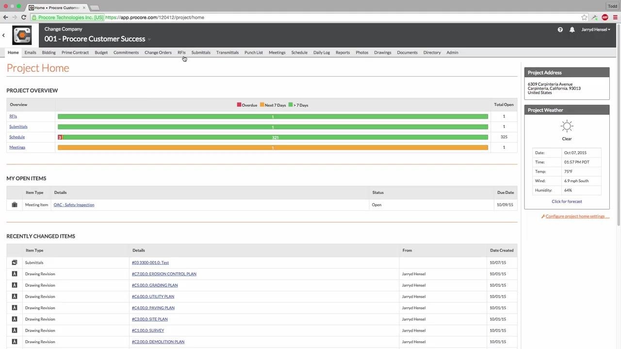 Project Home screen with the navigation bar, cursor hovering over the "RFIs" tab. Project overview, open items, and recently changed items are visible.