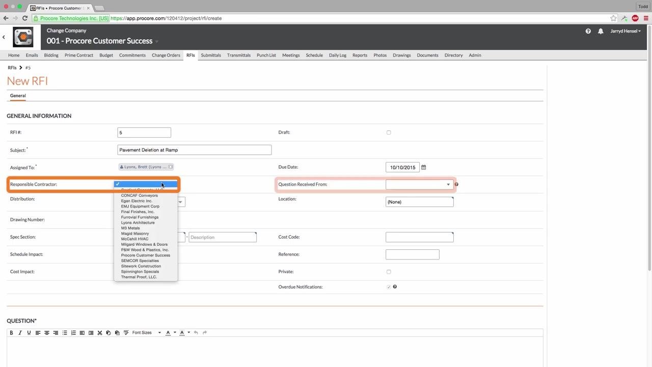 New RFI screen with the Responsible Contractor dropdown open, showing a list of companies, and the Question Received From field highlighted.