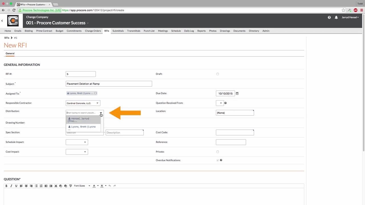 New RFI screen with the Distribution field open, showing user selection options and an orange arrow pointing to the field.