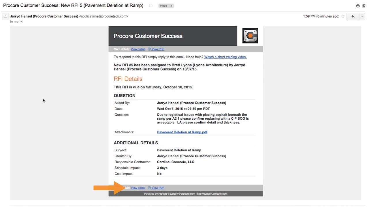 RFI notification email showing the RFI details, question, attachments, and the "View online" link highlighted by an orange arrow.