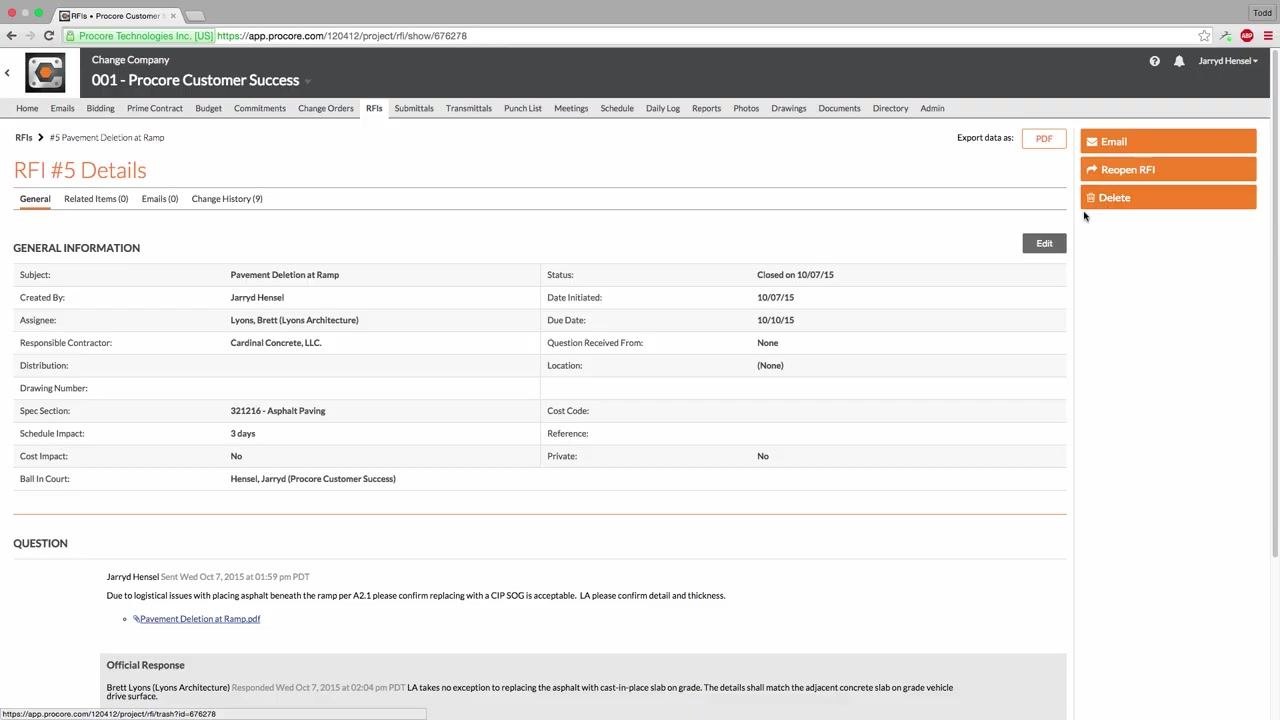 RFI details page showing the official response marked, with options to email, reopen, or delete the RFI. The status shows "Closed".