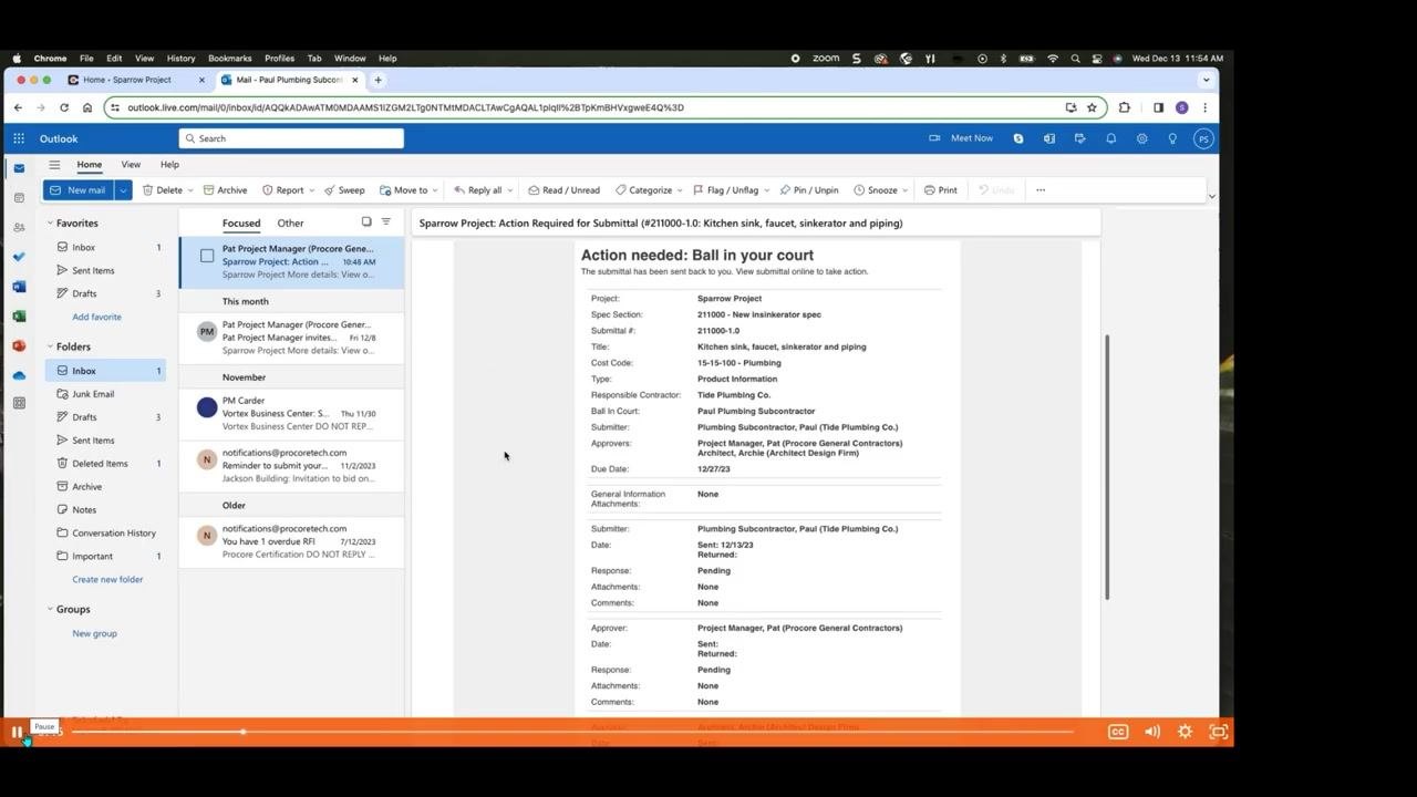 Outlook inbox showing a selected email with submittal details highlighted, including project, spec section, title, responsible contractor, and due date.