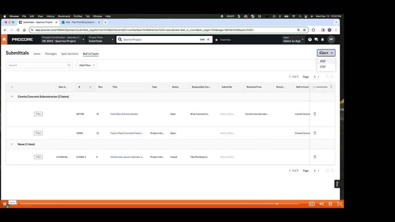 Procore Submittals log with the Export dropdown open, showing PDF and CSV export options.