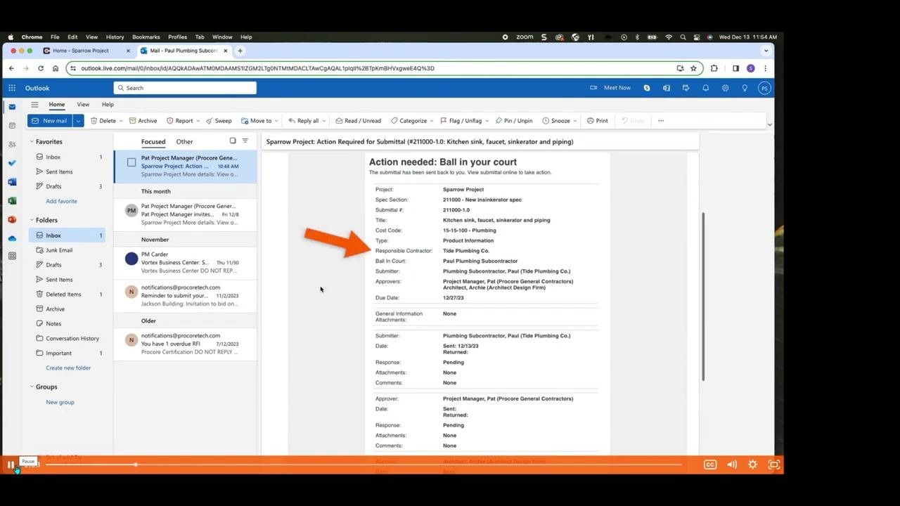 Outlook email highlighting the Type and Responsible Contractor fields to confirm the assignee's role and submittal type.