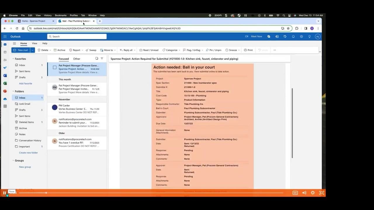 Procore Submittals dashboard listing submittals with columns for Spec Section, Title, Type, Status, Responsible Contractor, and Ball In Court, each with a View button.
