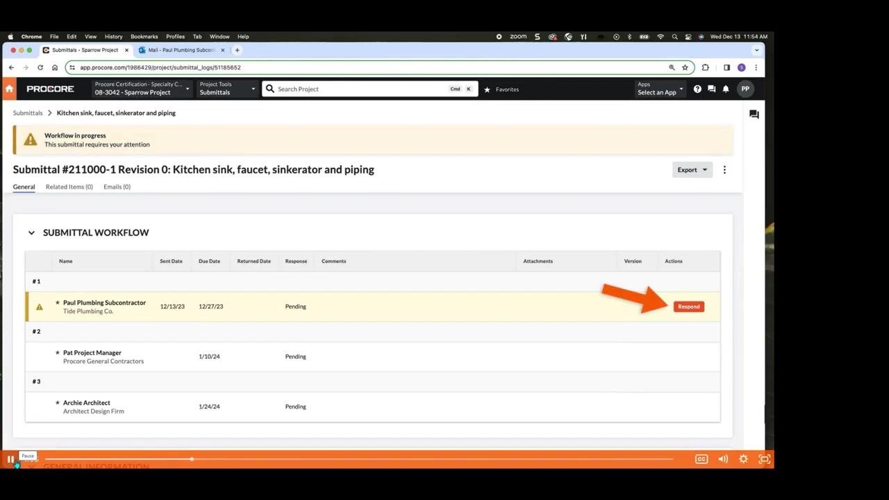 Procore response dialog with Submitted selected and a comment entered, ready for preview.