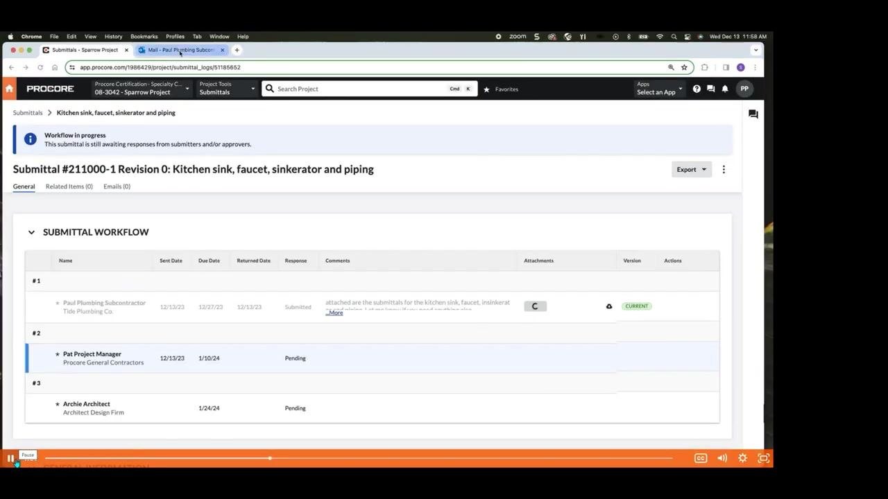 Procore submittal workflow showing the response marked as Submitted, with attached files and comments visible.