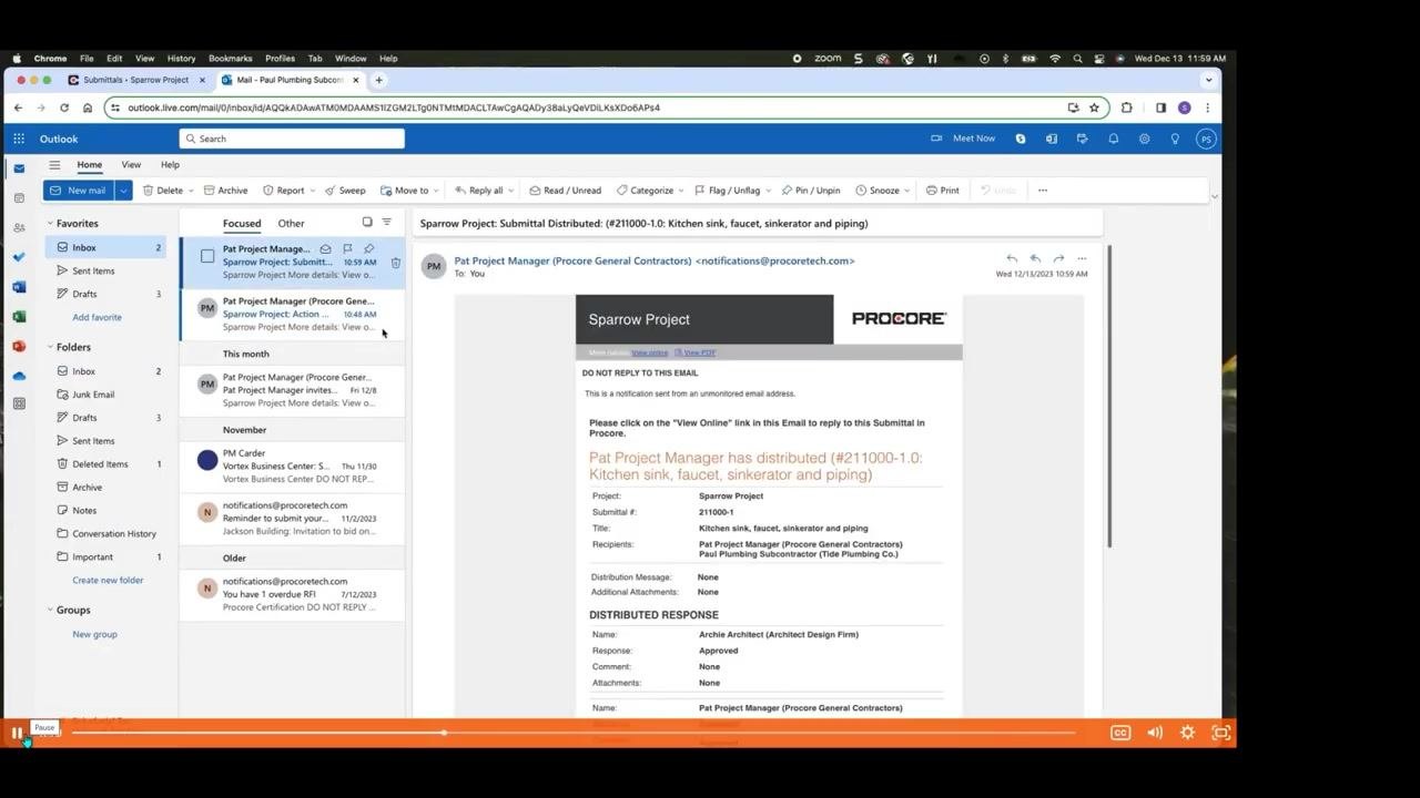Outlook inbox showing an email from Procore with the subject Submittal Distributed for the Sparrow Project, detailing the project, submittal number, title, recipients, and distributed response section.