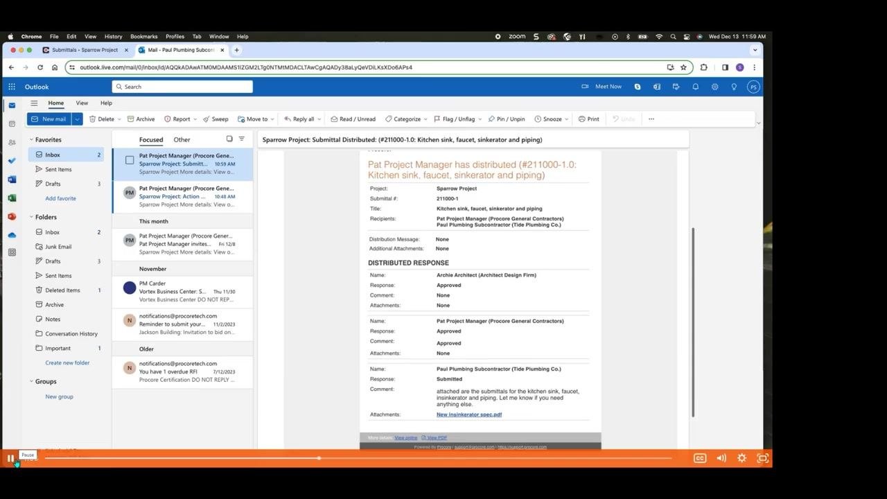 Outlook inbox with a Procore submittal distribution email open, showing approval statuses for each reviewer.