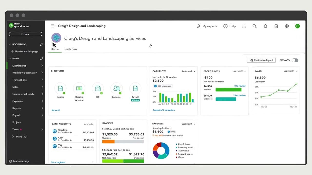 QuickBooks dashboard with the "+ New" button and Invoice shortcut highlighted