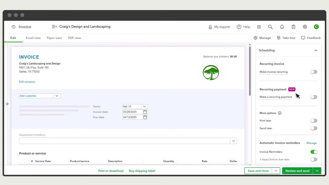 Recurring settings panel with the Template name field filled in and the Type drop-down showing Scheduled, Reminder, and Unscheduled options