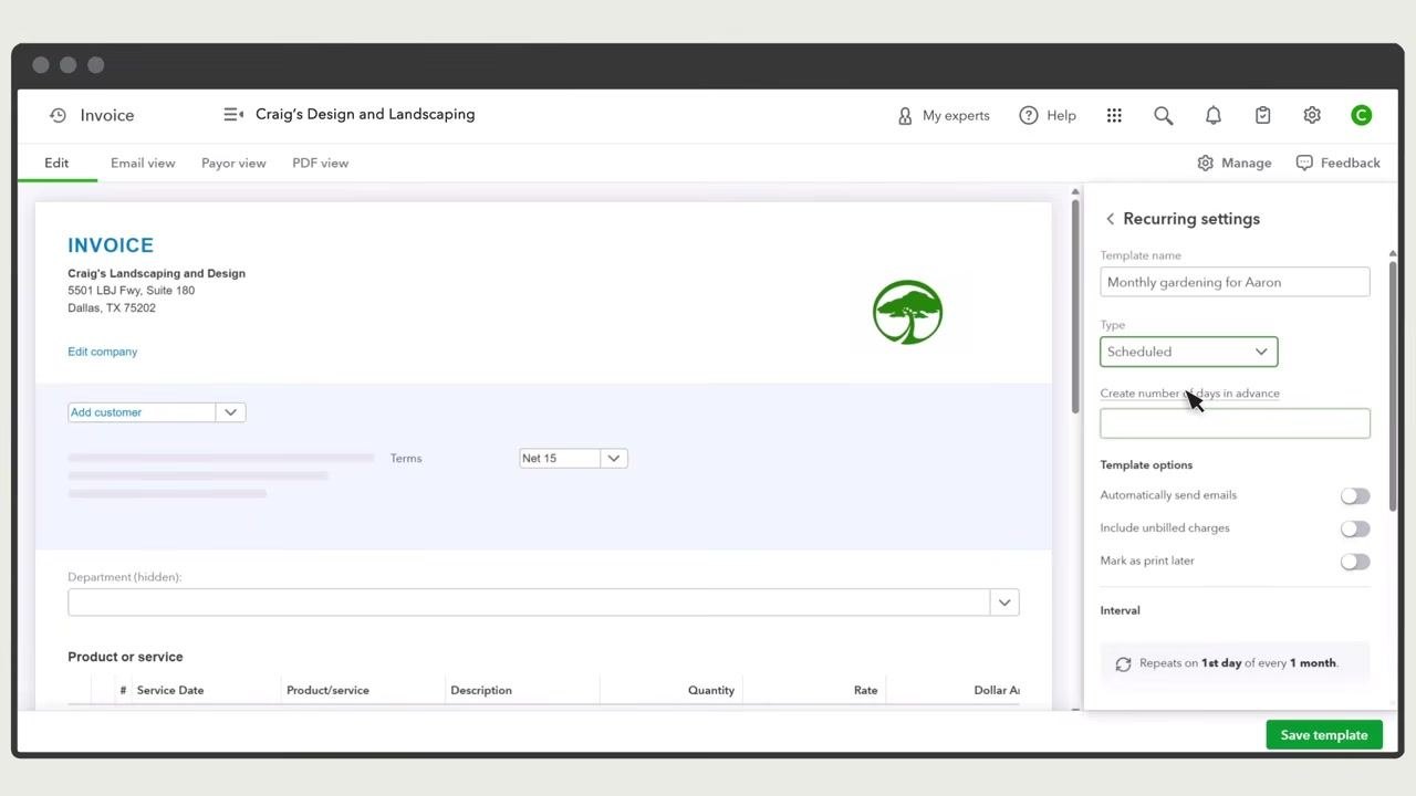 Recurring settings panel with Type set to Scheduled and the "Create number of days in advance" field highlighted