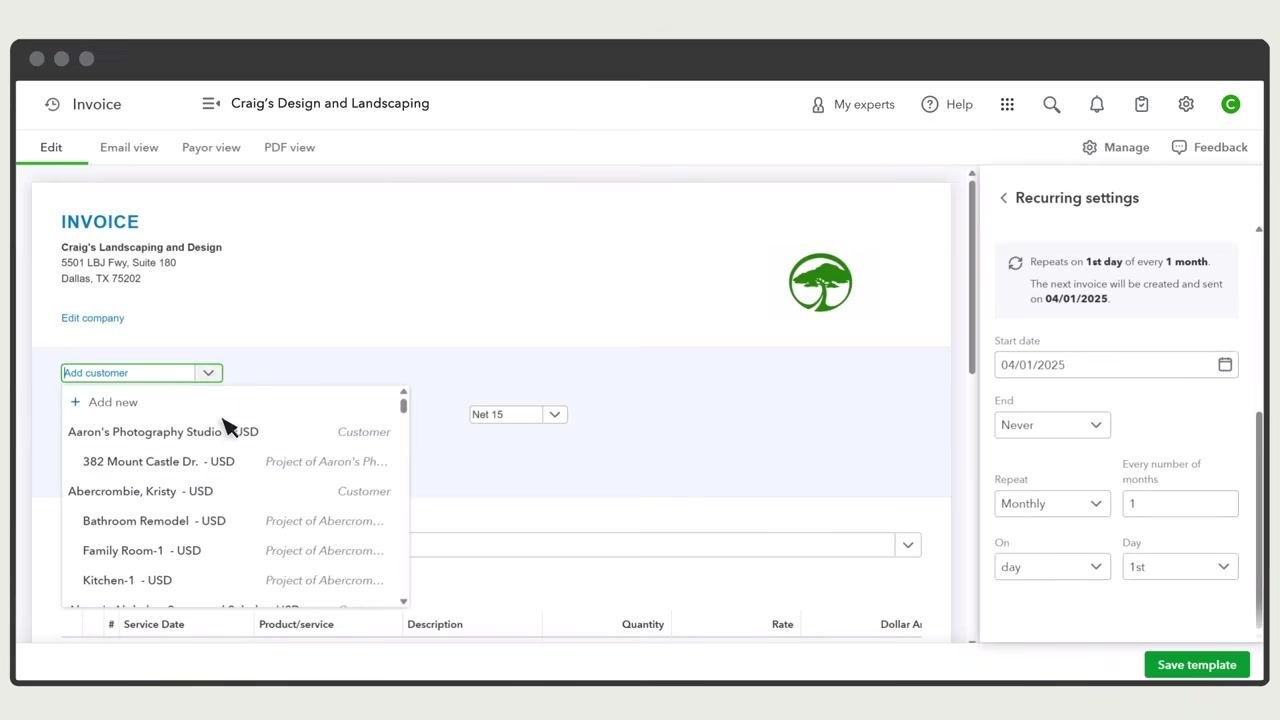 Recurring settings panel with "Automatically send emails" toggled on