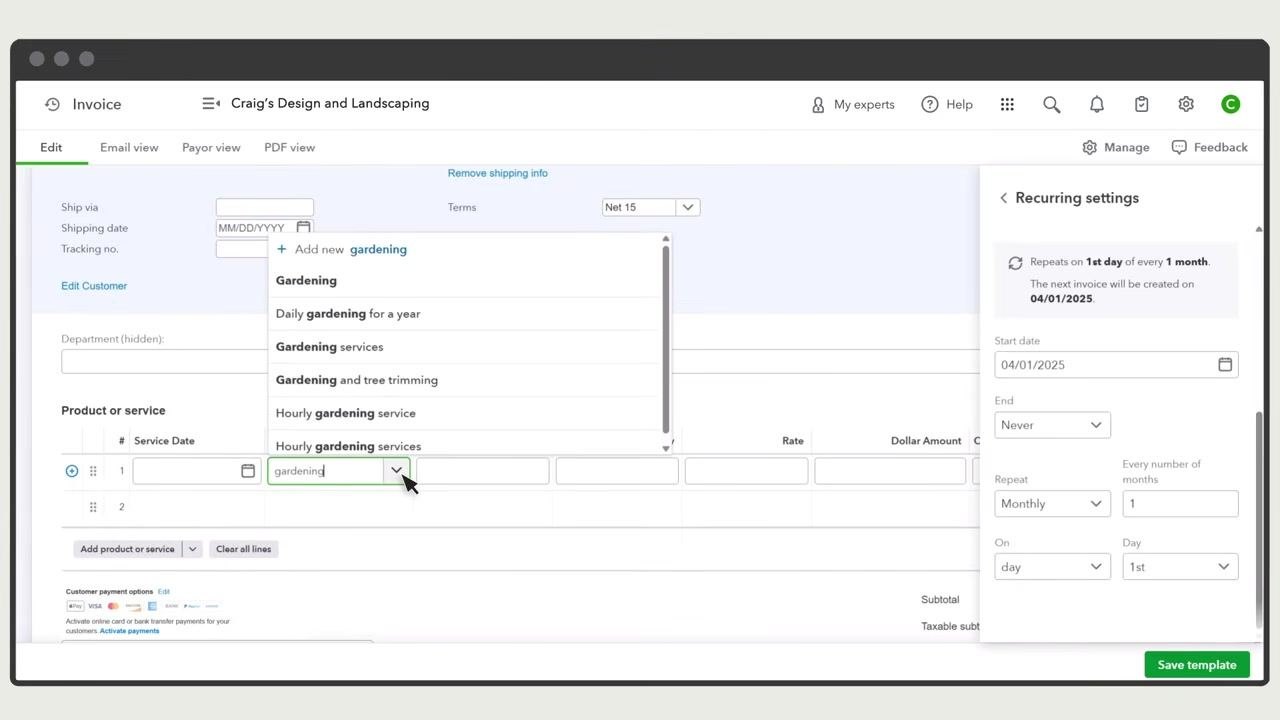 Invoice form with the customer and product/service being selected, and recurring settings visible