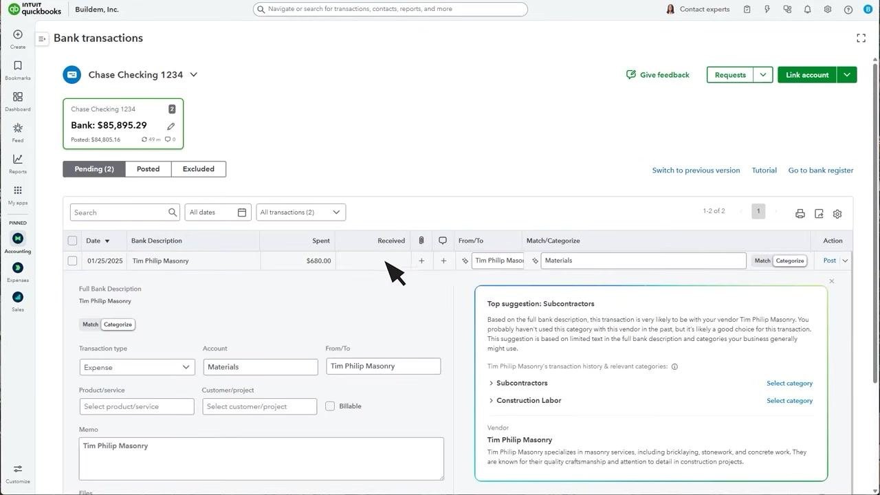 QuickBooks Bank Transactions screen showing detailed transaction entry with suggested categories, and options to post, split, create a rule, or exclude a transaction.