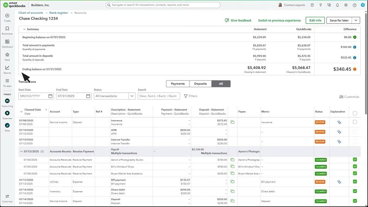 QuickBooks Reconcile screen showing the uploaded statement, extracted ending balance and date, and the "Start reconciling" button.