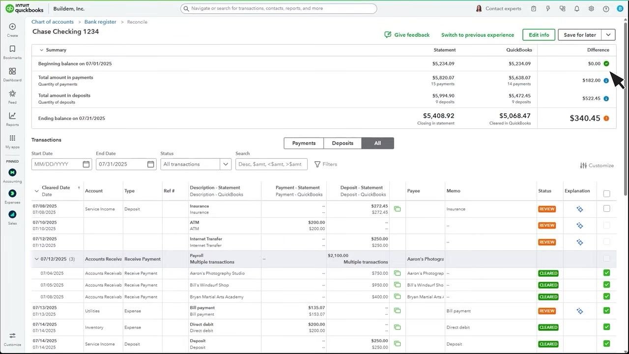 QuickBooks Reconciliation page showing the balance summary, colored difference indicators, and a detailed transaction list with review and cleared statuses.