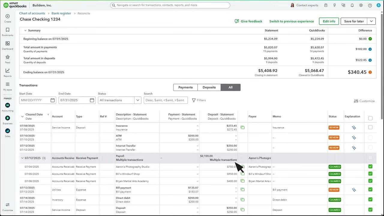 QuickBooks transactions table showing a deposit labeled "Multiple transactions" in the Description and Deposit columns, with the cursor pointing at the row.