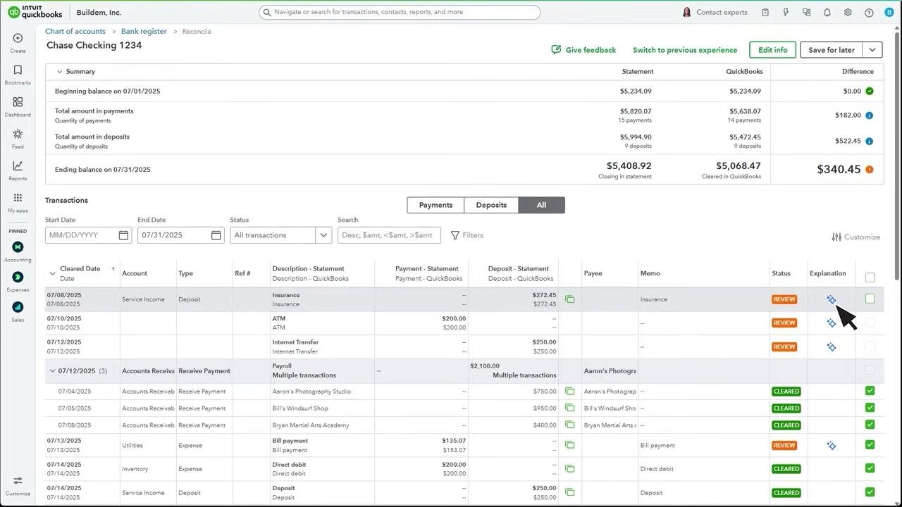 QuickBooks transactions table with the cursor pointing at the sparkle icon in the Explanation column for a transaction marked REVIEW.