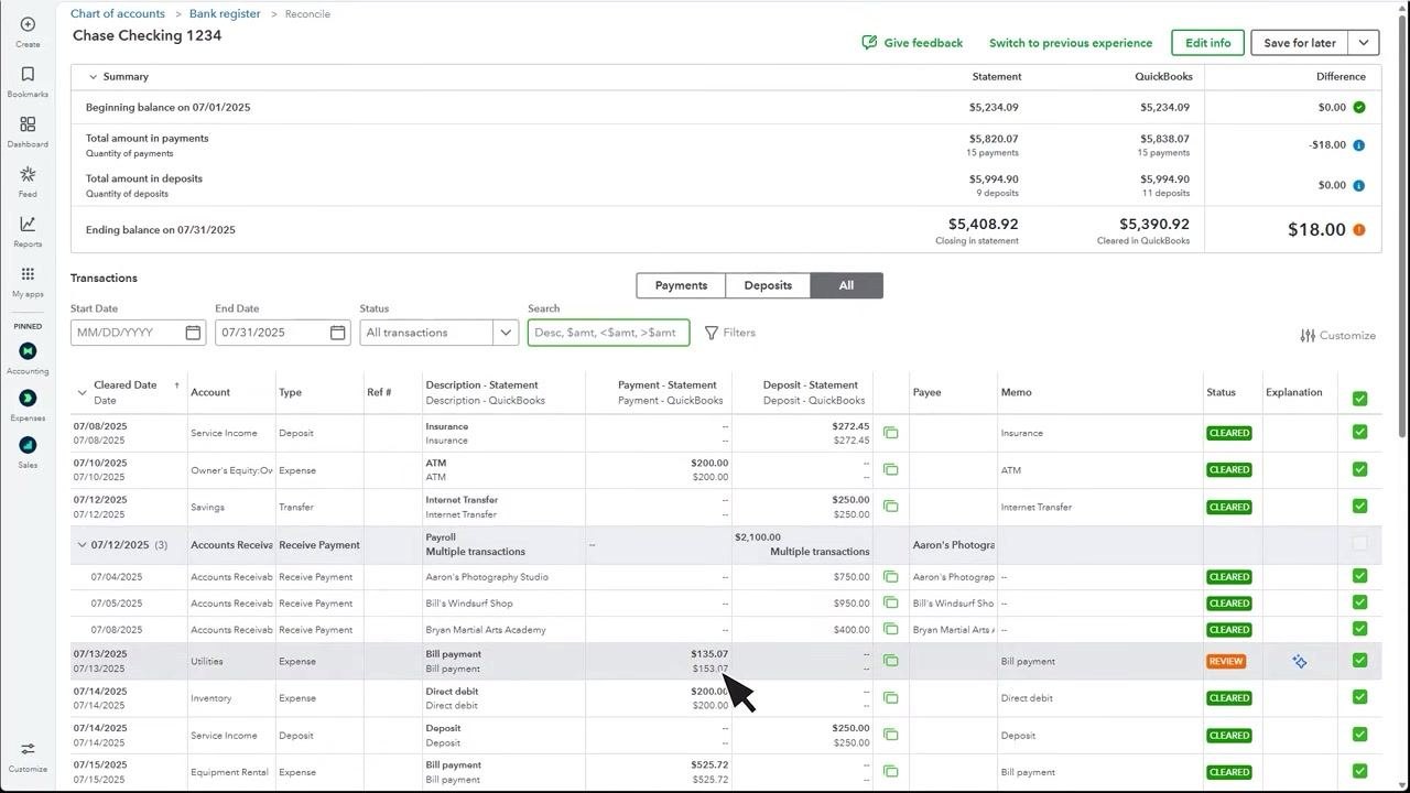 QuickBooks transactions table with a transaction row selected and the cursor pointing at it, ready for editing.