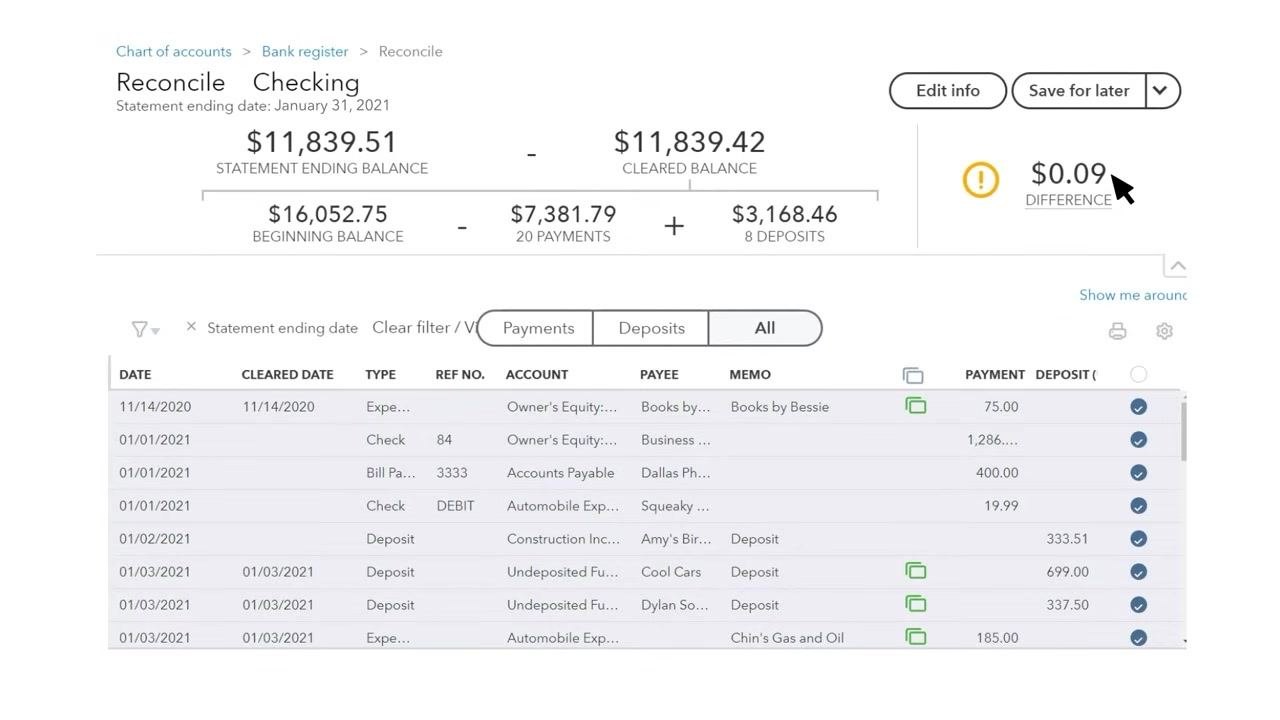 QuickBooks Reconcile screen with the "Edit info" button highlighted and a small difference remaining.