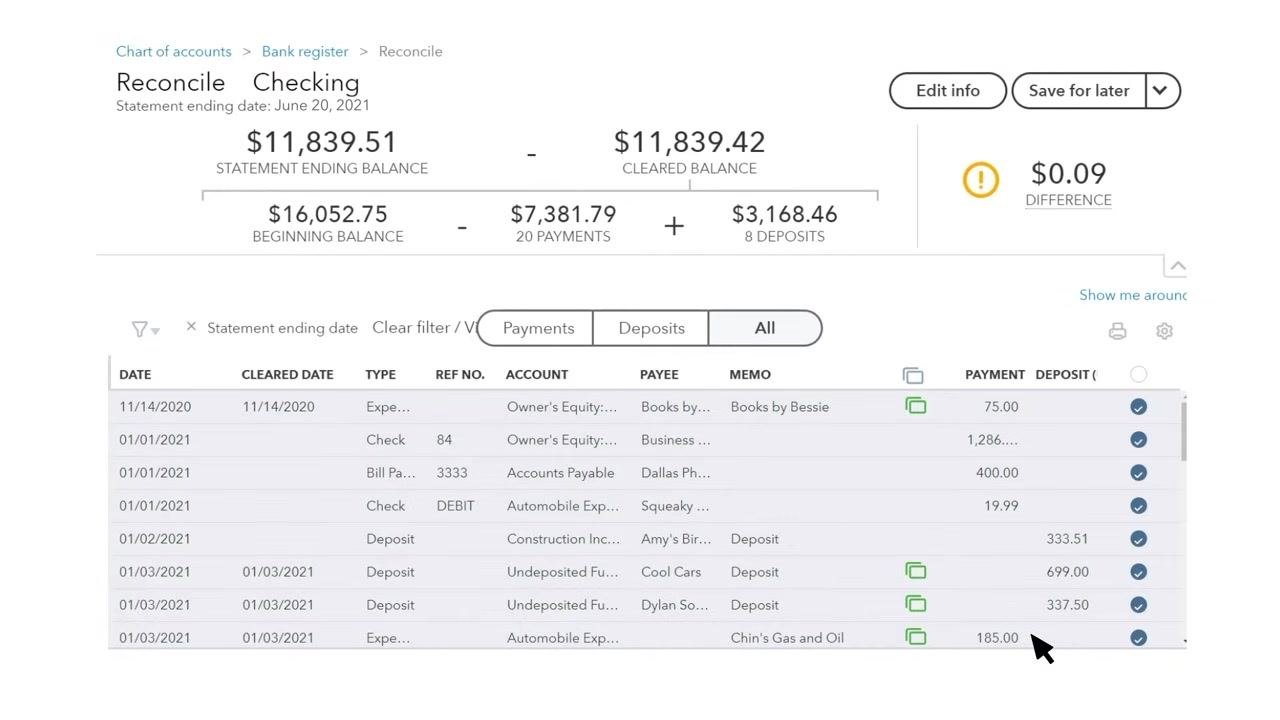 QuickBooks Reconcile screen with a transaction highlighted for review, illustrating the process of checking for errors.