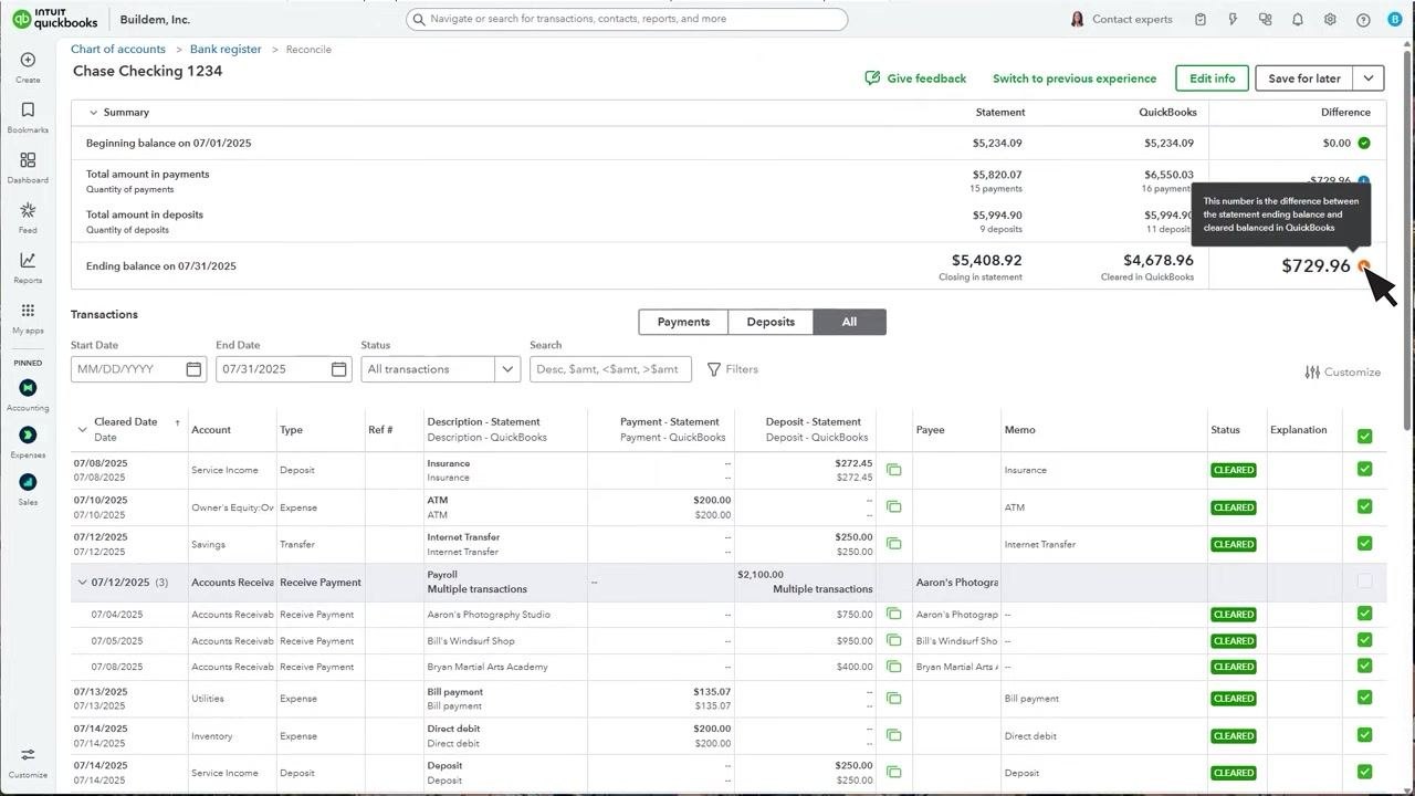 QuickBooks reconciliation screen with the cursor hovering over the orange symbol in the Difference column, showing a tooltip that explains the discrepancy.