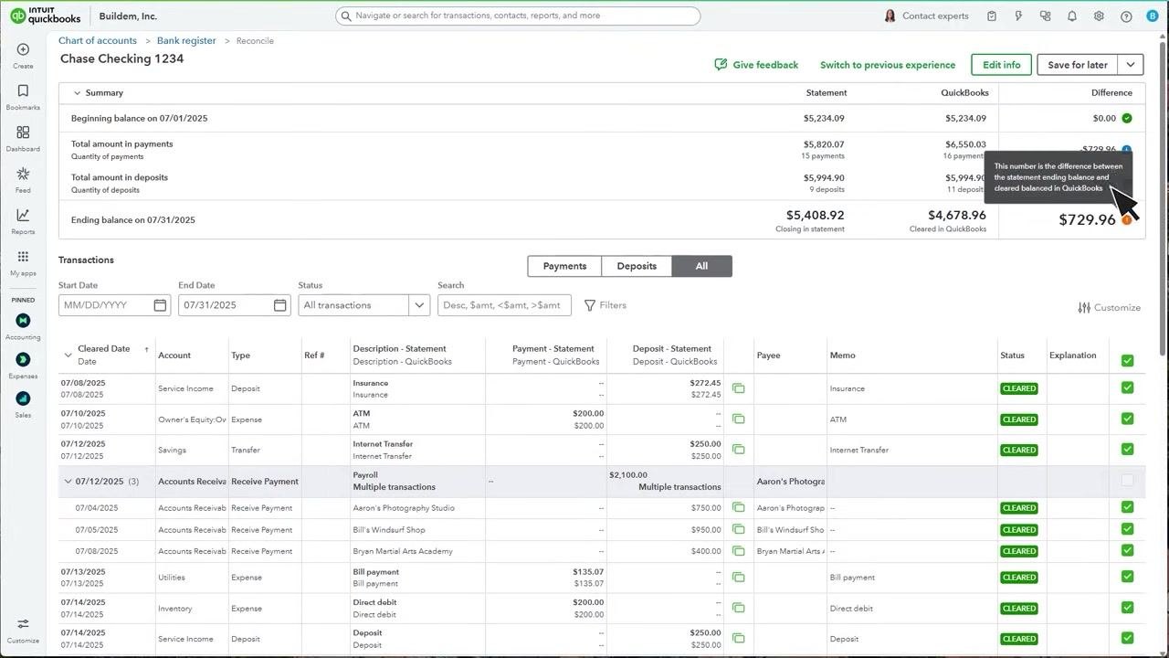 QuickBooks transaction list with the cursor pointing at the checkbox for a transaction, demonstrating how to uncheck a duplicate entry.