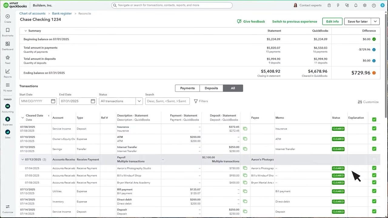QuickBooks warning dialog stating "Hold on! Your difference isn't $0.00 yet." with options to add an adjustment and finish or go back; the cursor points at "Add adjustment and finish."