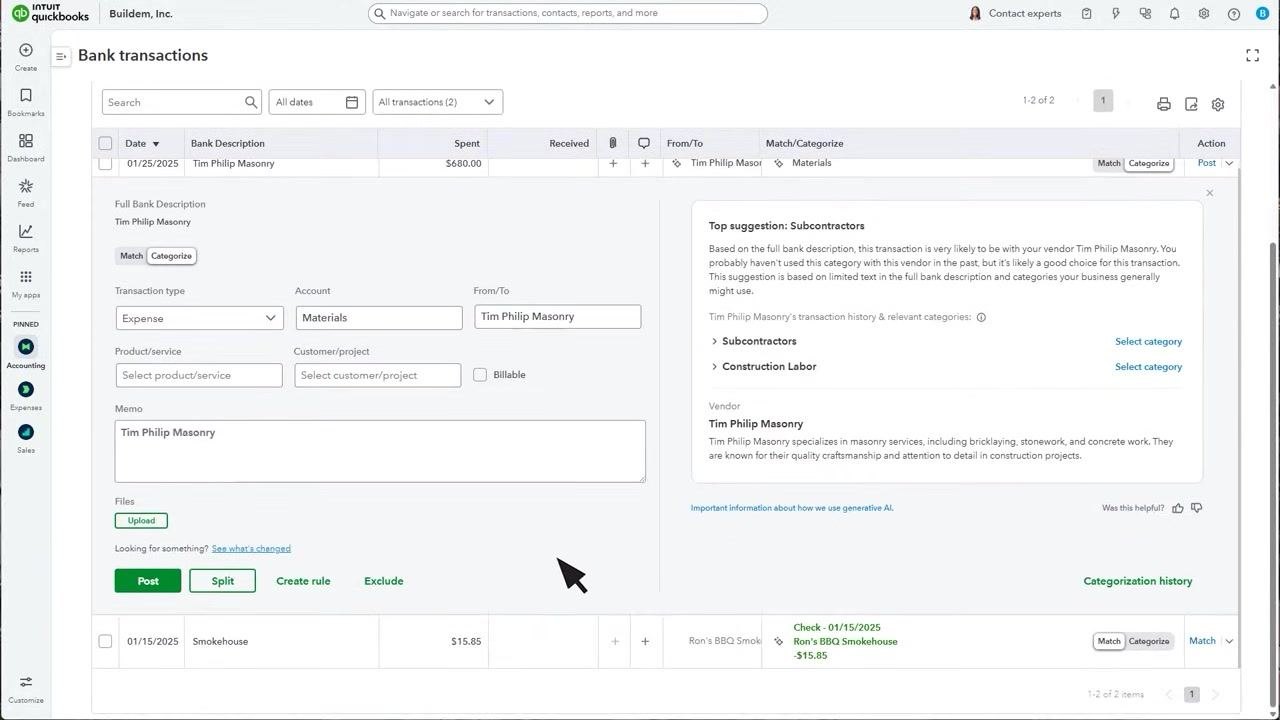 QuickBooks slide titled "Before you reconcile" with bullet points: record all your transactions for the month in QuickBooks, and have your bank or credit card statement handy.