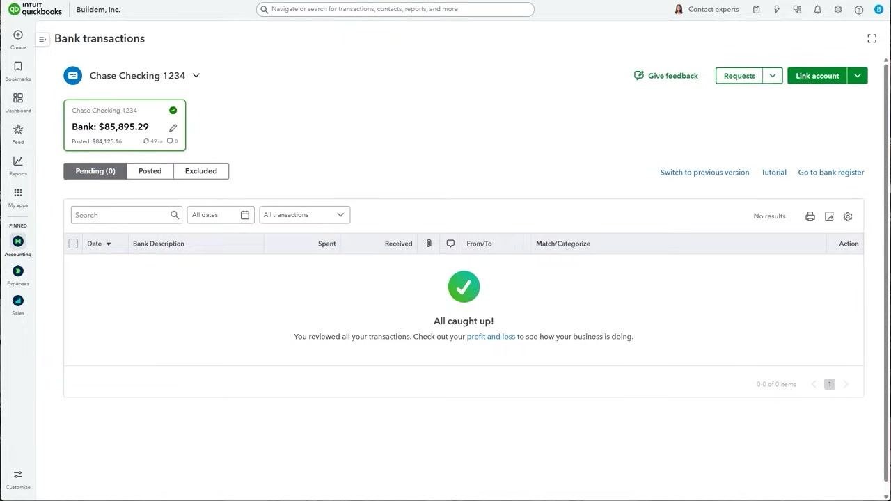 QuickBooks Reconcile screen showing account selection, an option to upload a bank statement, and fields for beginning balance, statement ending balance, and statement ending date.
