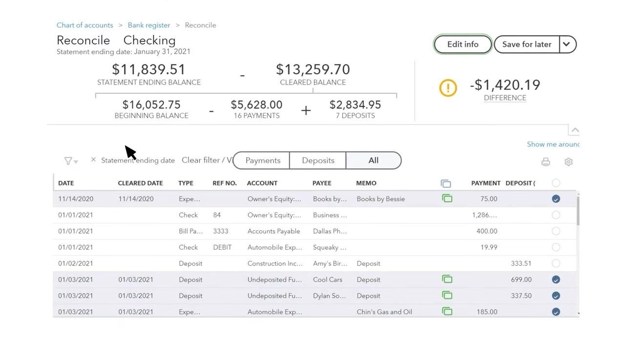 QuickBooks Reconcile screen showing several transactions, some checked and some unchecked, with the difference displayed at the top right.