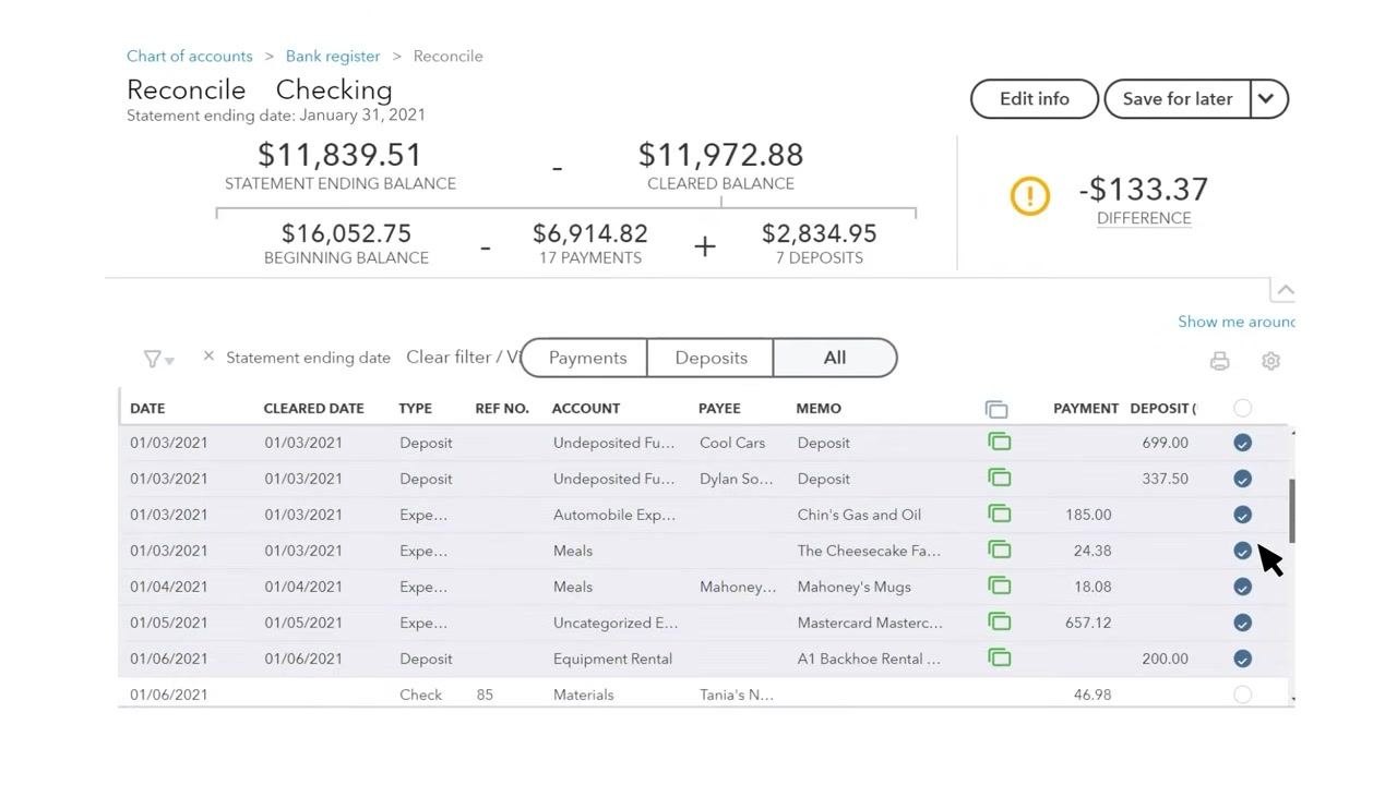 QuickBooks Reconcile screen with most transactions already checked, indicating they have been cleared, and a reduced difference amount.