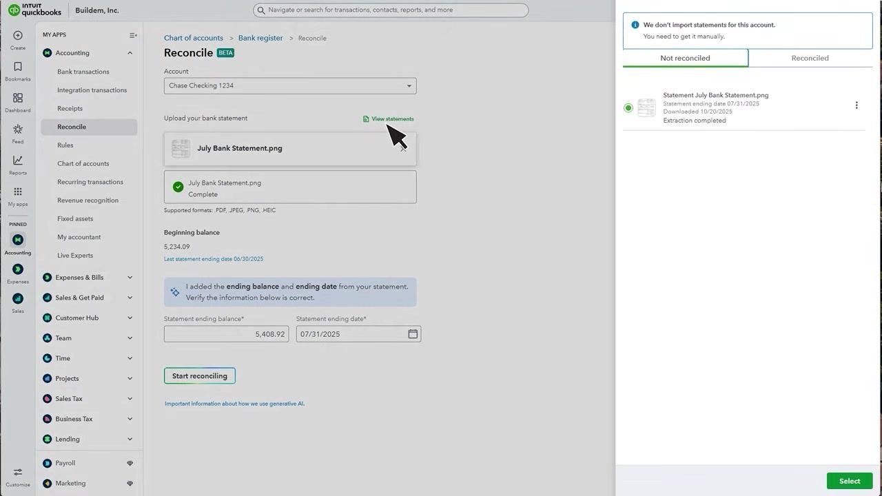 QuickBooks Reconcile screen with the "View statements" drawer open, showing an uploaded statement with "Extraction completed" status.