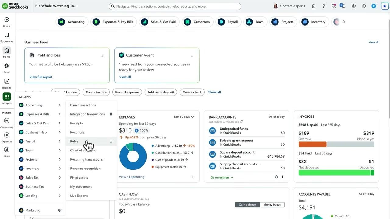 Screen displaying "How to use bank rules" with benefits listed: "Speed up categorizing transactions" and "Pre-categorize transactions to review or automatically add them to your books"