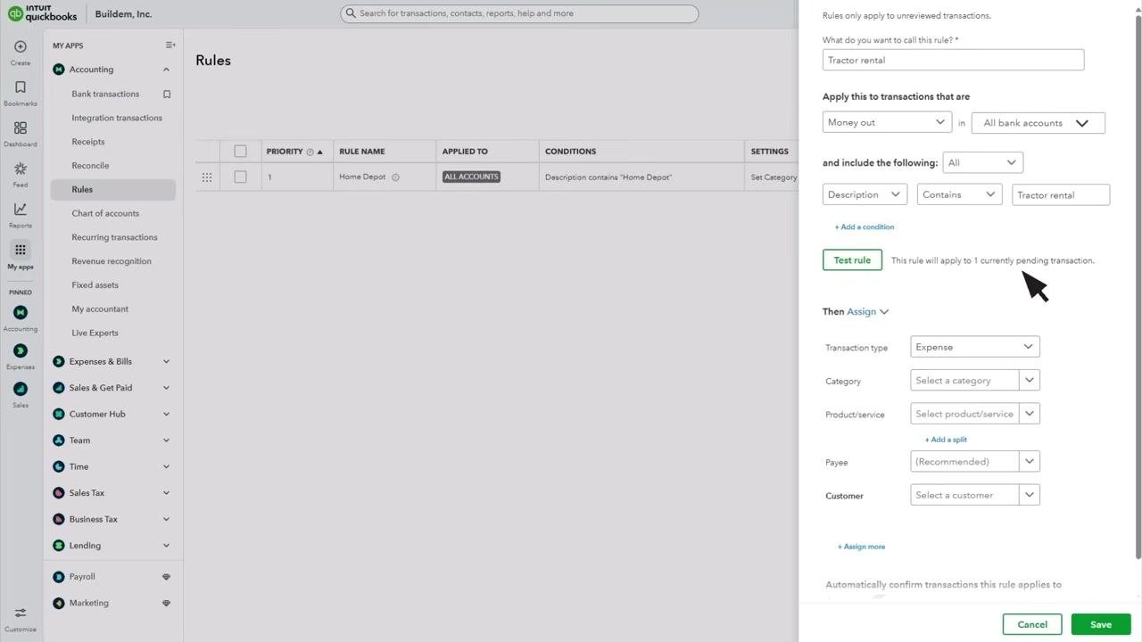 Rules screen displaying the "Test rule" button with feedback showing the rule will apply to 1 pending transaction