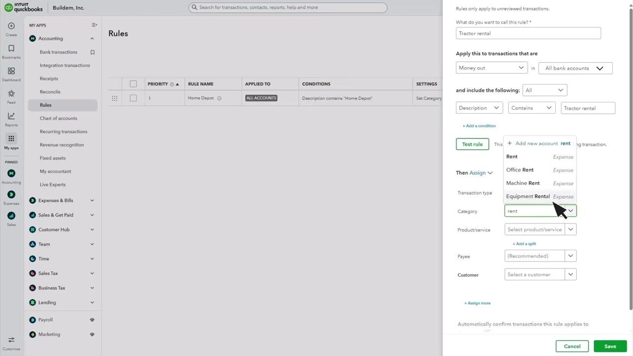 Rules screen with the category dropdown open, showing options such as Rent, Office Rent, Machine Rent, and Equipment Rental