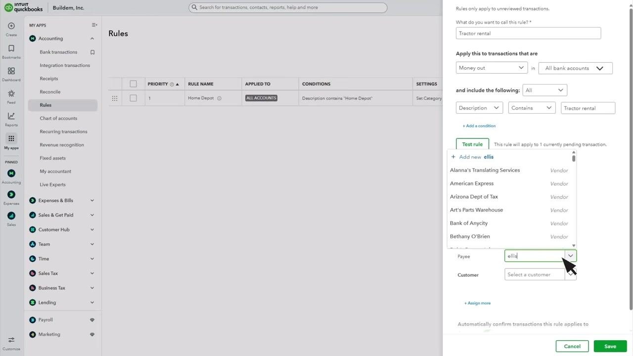 Rules screen with the Payee field being filled in, showing a dropdown of vendor options and the cursor selecting "Ellis Equipment Rental"