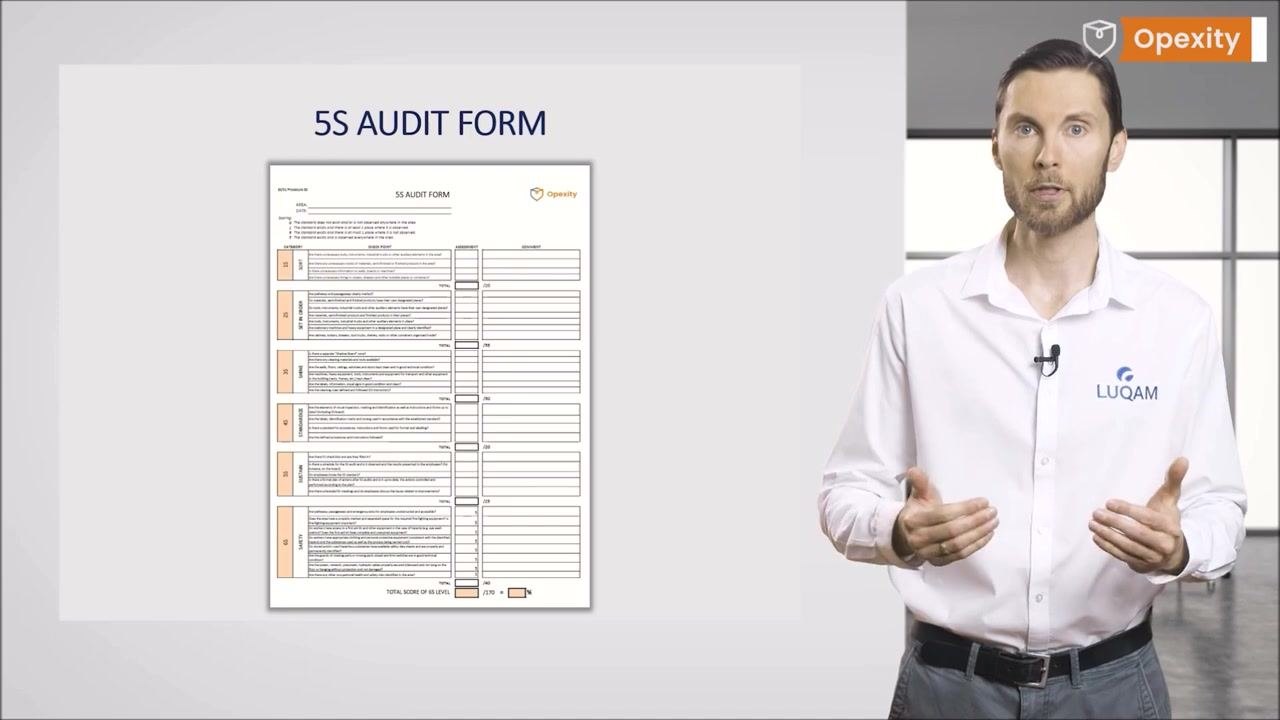 Presenter gesturing, emphasizing the importance of including safety and ergonomics in the 5S Audit Form.