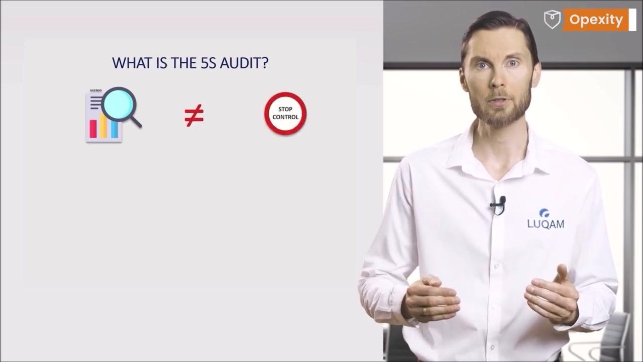 Slide titled "WHAT IS THE 5S AUDIT?" showing icons for audit and control separated by a not-equal sign, alongside a "STOP CONTROL" sign.