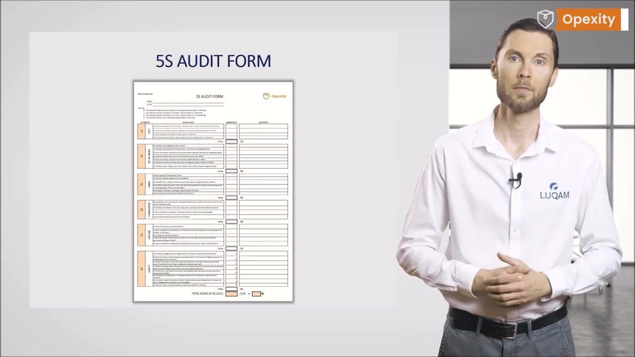 Presenter standing beside the 5S Audit Form, reiterating the need to include safety and ergonomics questions.