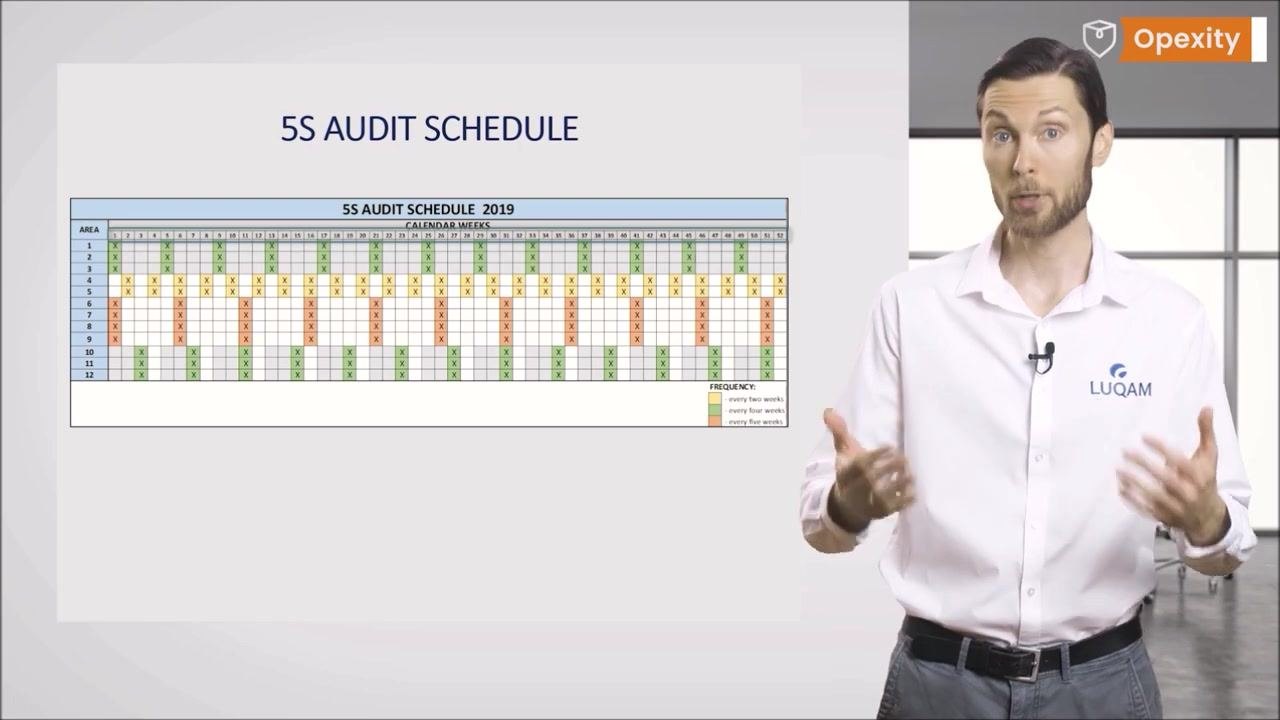 Presenter gesturing while explaining the audit schedule and its link to continuous improvement, with the "5S AUDIT SCHEDULE" table visible on the slide.