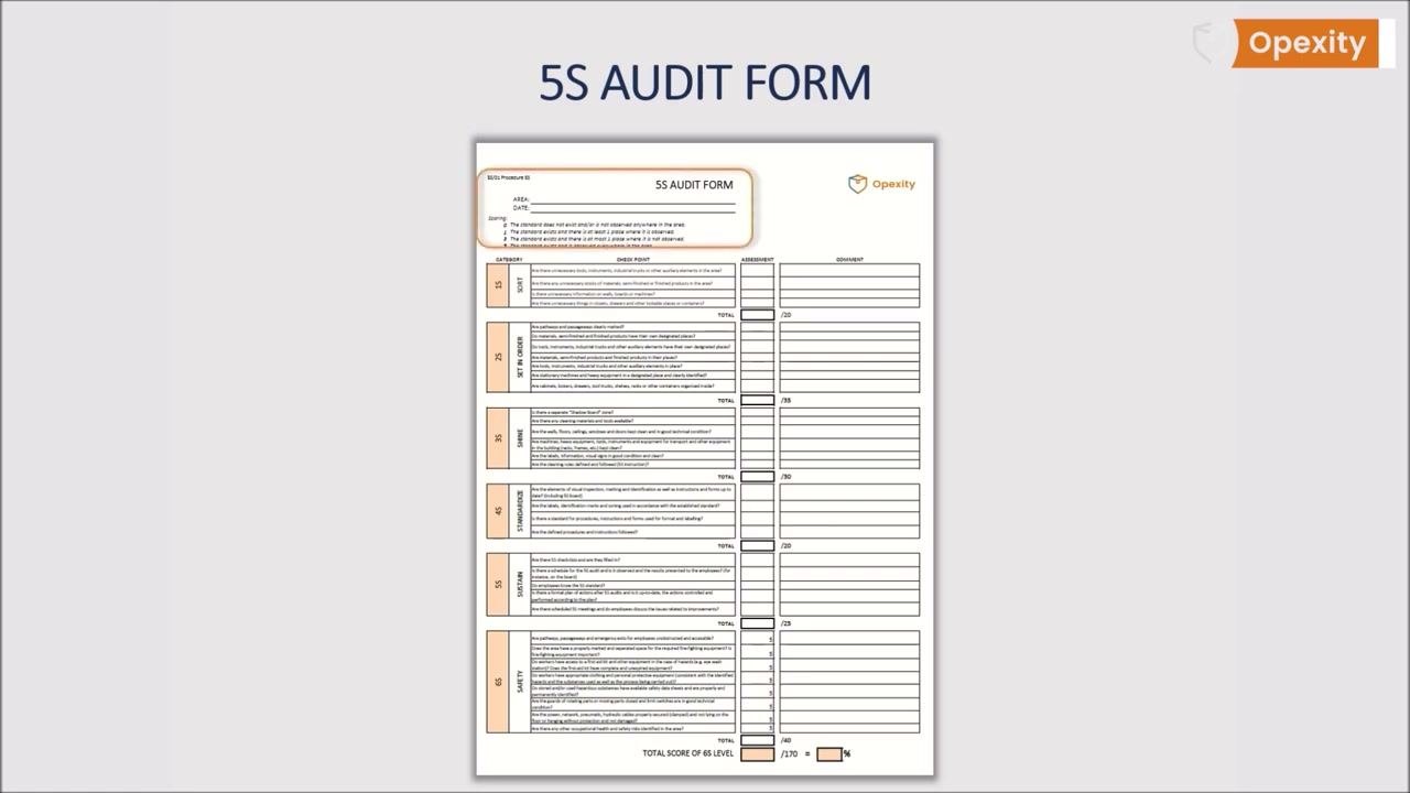 Detailed 5S Audit Form showing checklist questions, scoring, area and date fields, and comment sections