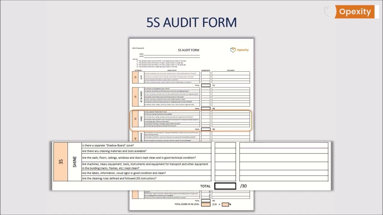 5S Audit Form checklist for 3S (Shine) with questions about cleaning tools, cleanliness, and technical condition, plus assessment and comment fields