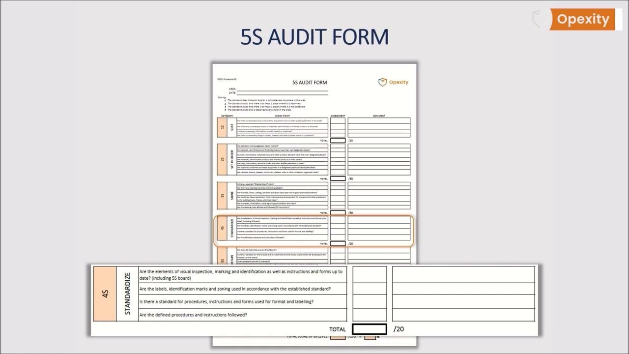 5S Audit Form checklist for 4S (Standardize) with questions about standards, labeling, and procedure adherence, plus assessment and comment fields