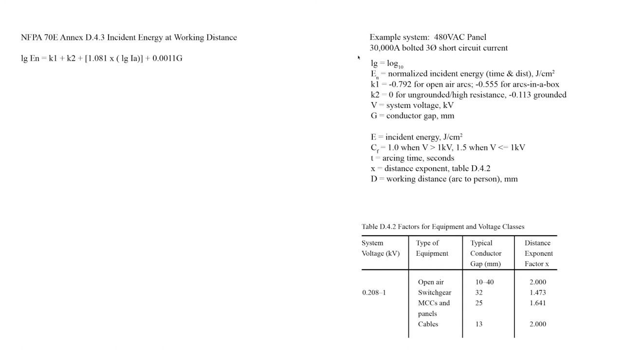 Screen showing example system values, formula variables, and Table D.4.2 for conductor gap and distance exponent