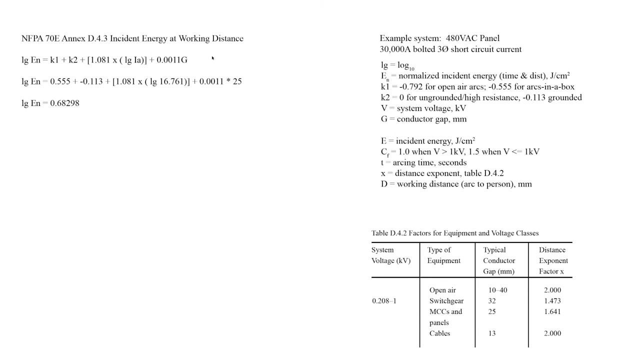 Screen showing the formula with substituted values and the calculated log of normalized incident energy